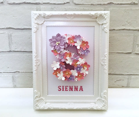 Personalised floral letter, Vintage name frame, Nursery floral monogram