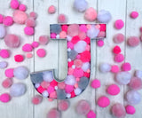 Pink and grey home decor, Pom Pom filled letter, Grey and pink bedroom decor